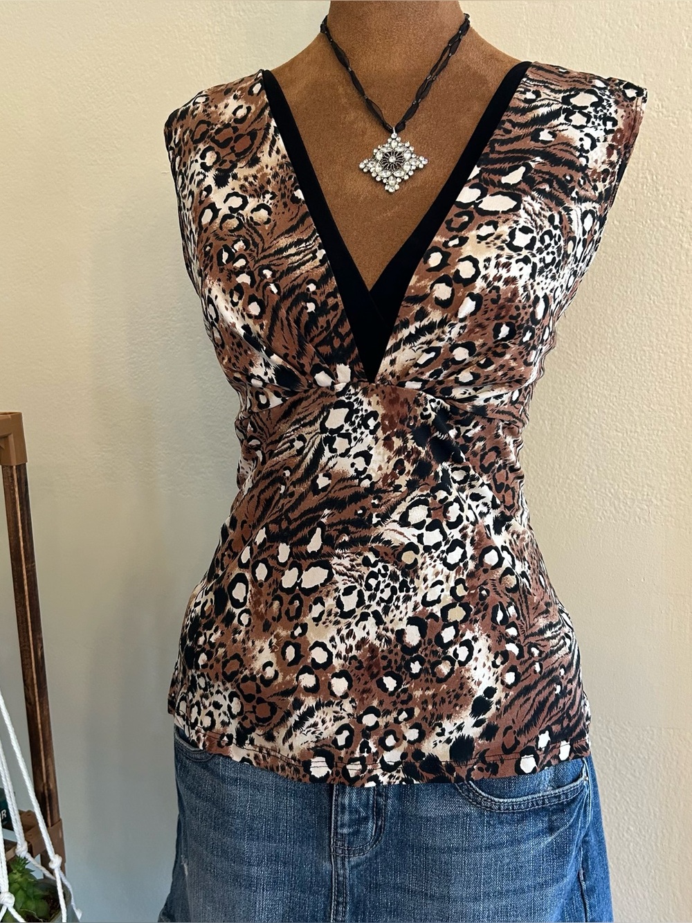 Vintage Y2K Whimsigoth Brown + Black Animal Print V-Neck Tank Top by JTB